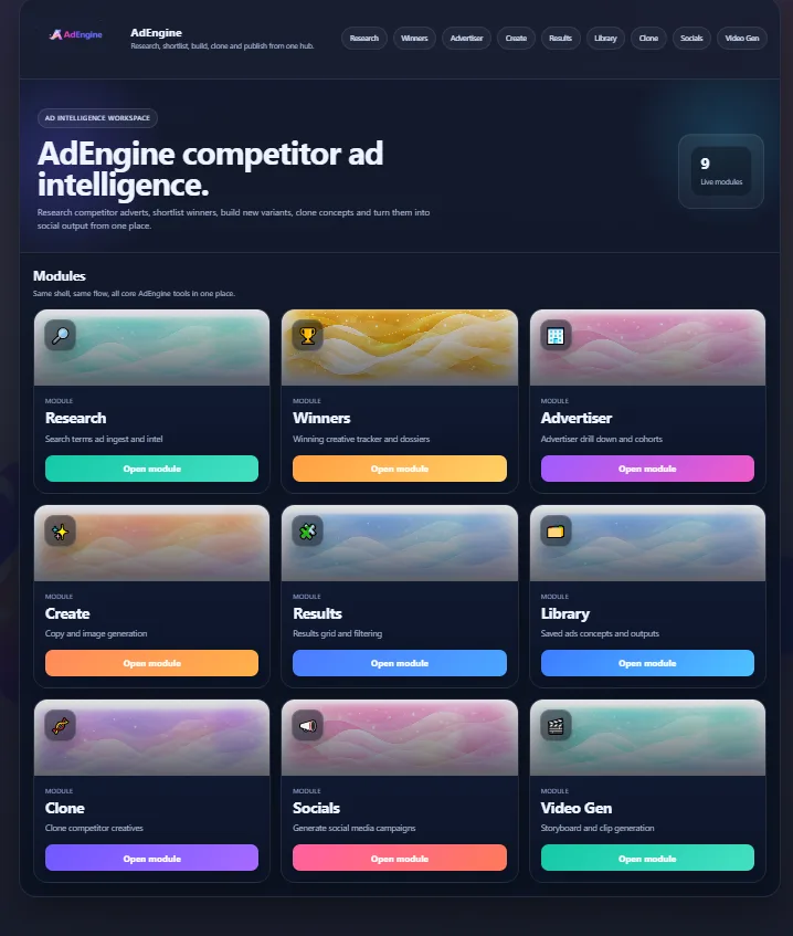 AdEngine dashboard showing competitor ad intelligence modules