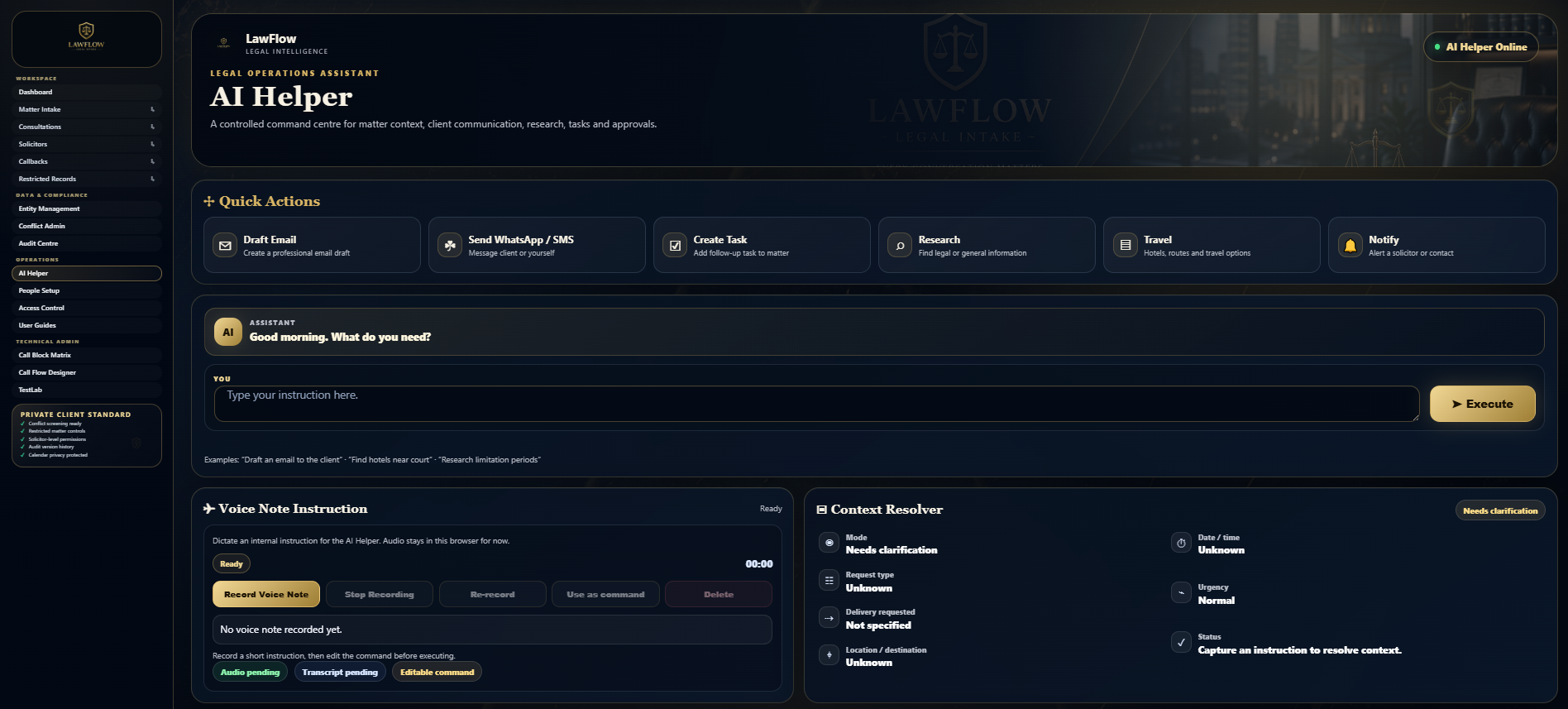 LawFlow Pro AI Helper quick actions and command input