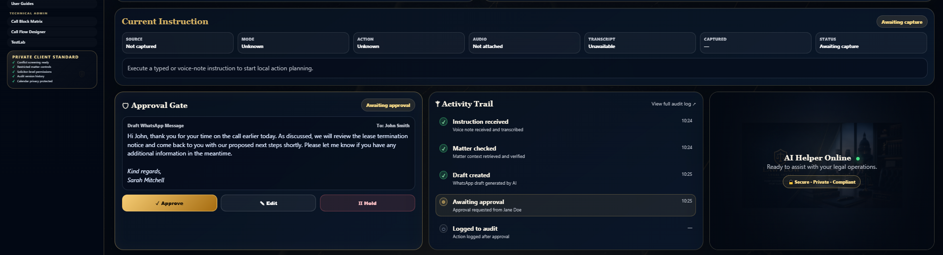 LawFlow Pro AI Helper approval gates and activity trail