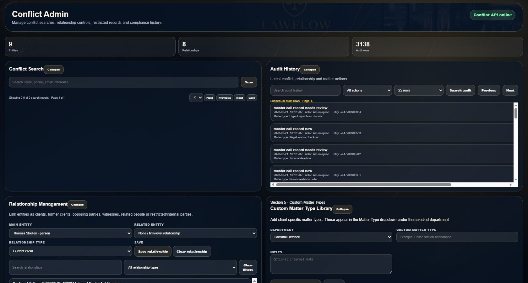 LawFlow Pro Conflict Admin and Audit History