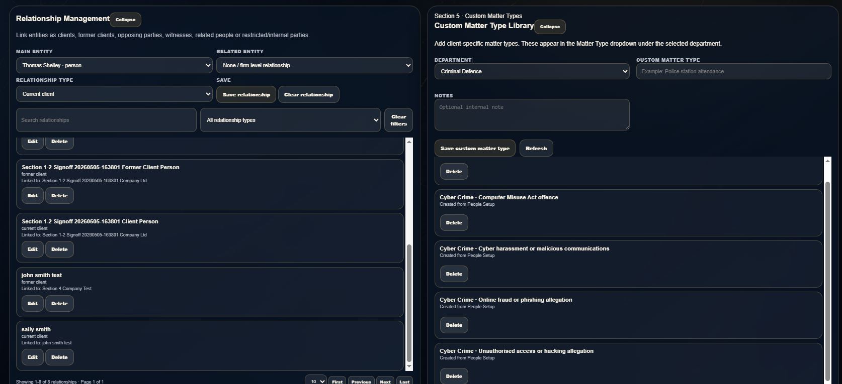 LawFlow Pro Entity and Relationship Management controls