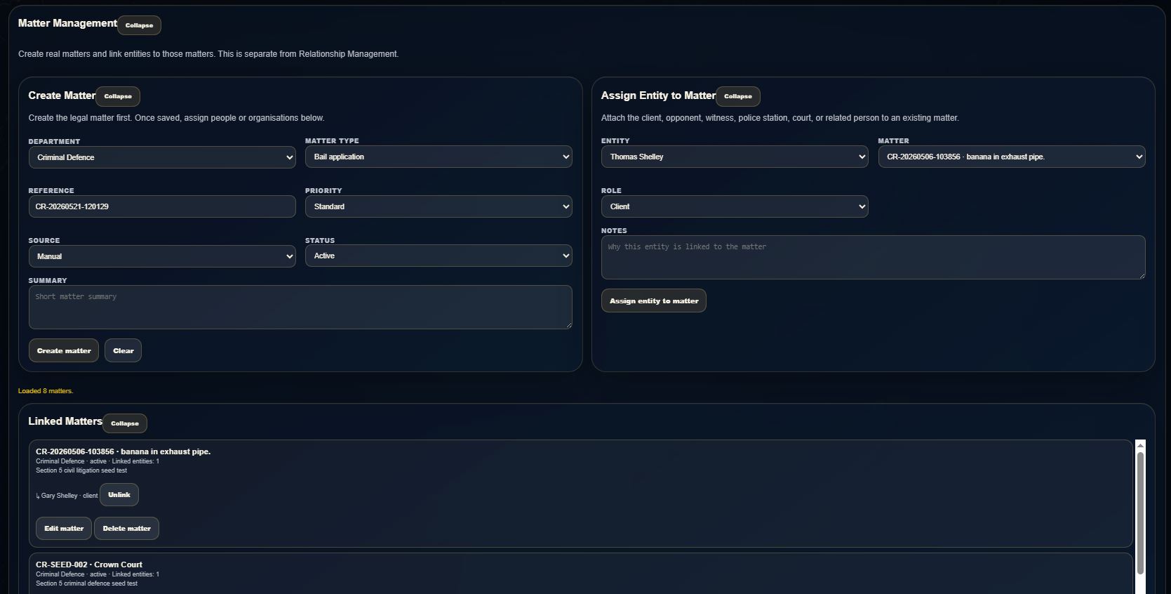 LawFlow Pro Matter Management and assign entity to matter