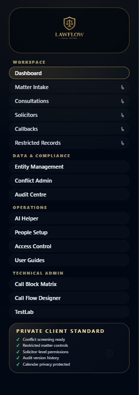 LawFlow Pro workspace sidebar menu reference