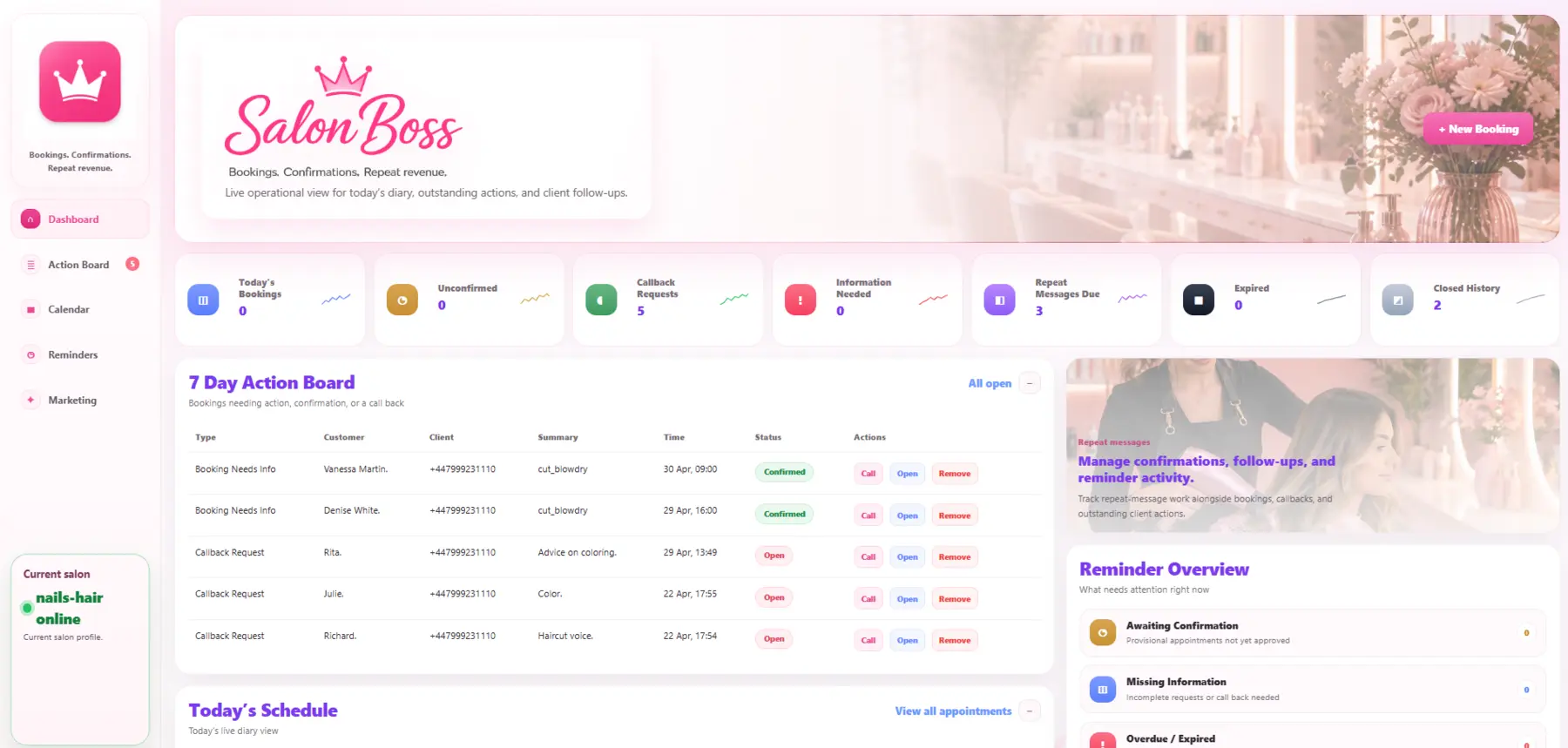 SalonBoss live salon dashboard screenshot